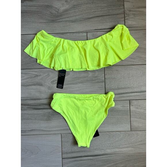 Y2K Bebe Two Piece Swimsuit With Rhinestone Logo Neon Yellow Size Large NWT - Picture 4 of 4